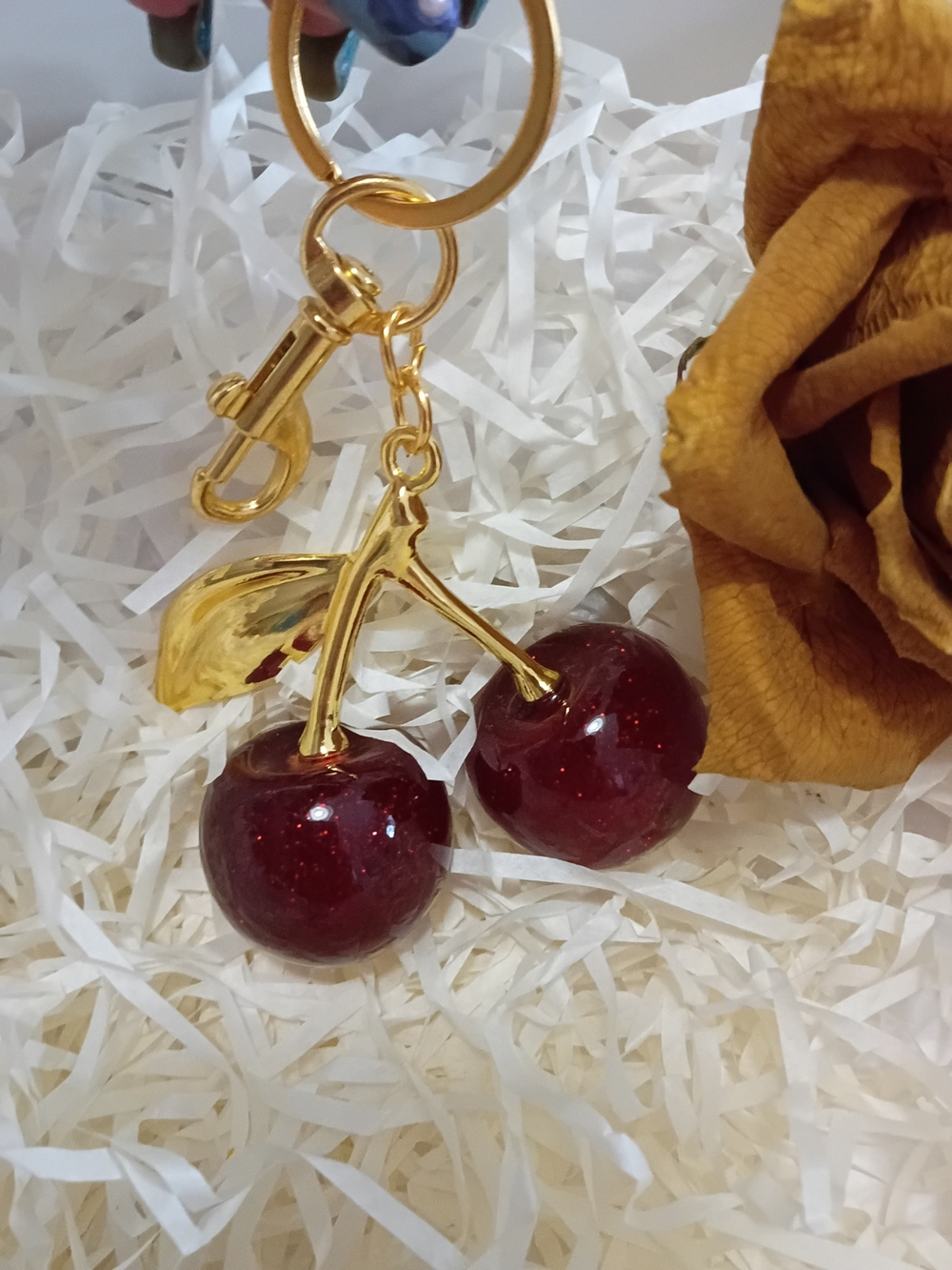 Gold Sparkly Cherry Pendant Keychain - Red Cherry Accent